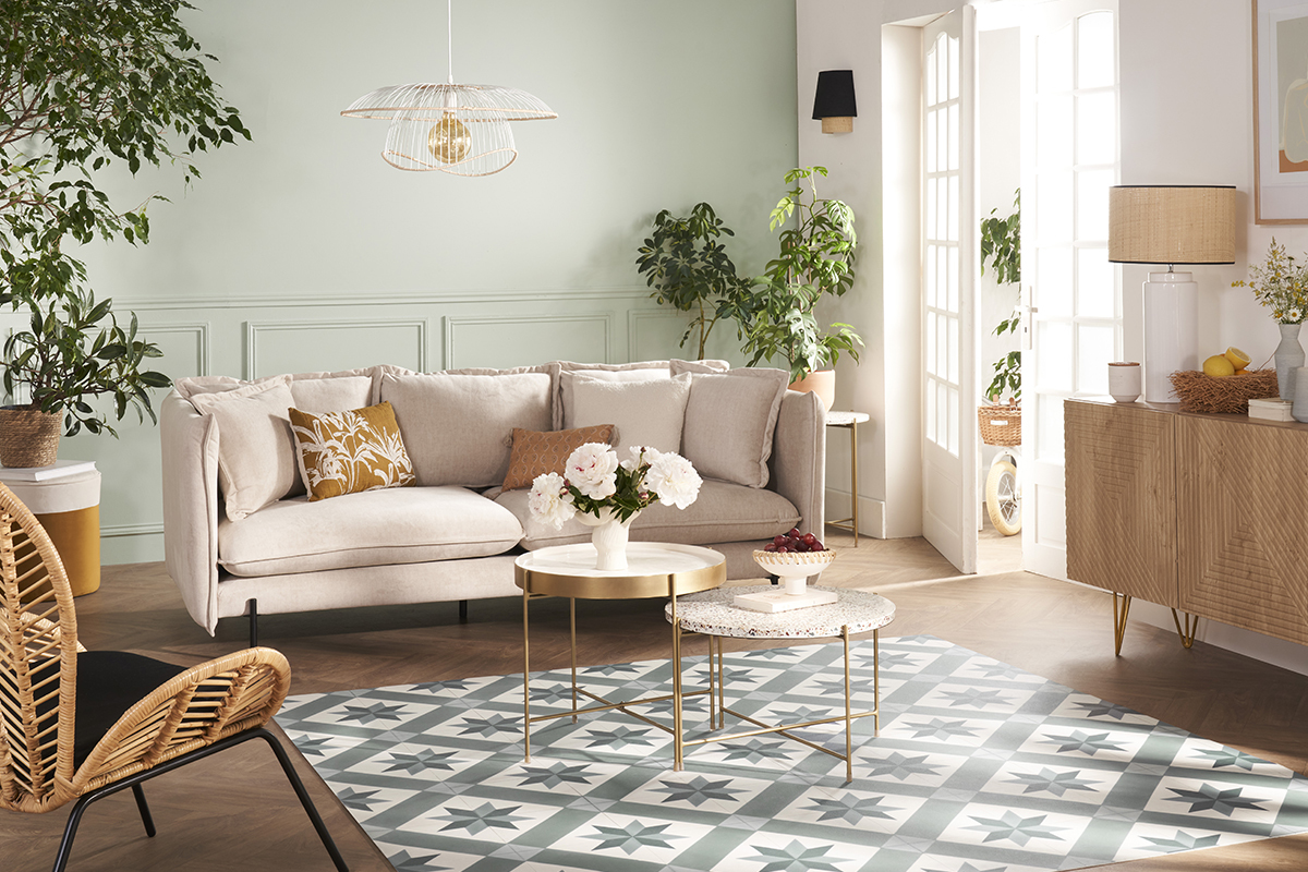 Design-Sofa 3/4-Sitzer in beigem Samtstoff und schwarzem Metall ALMAR