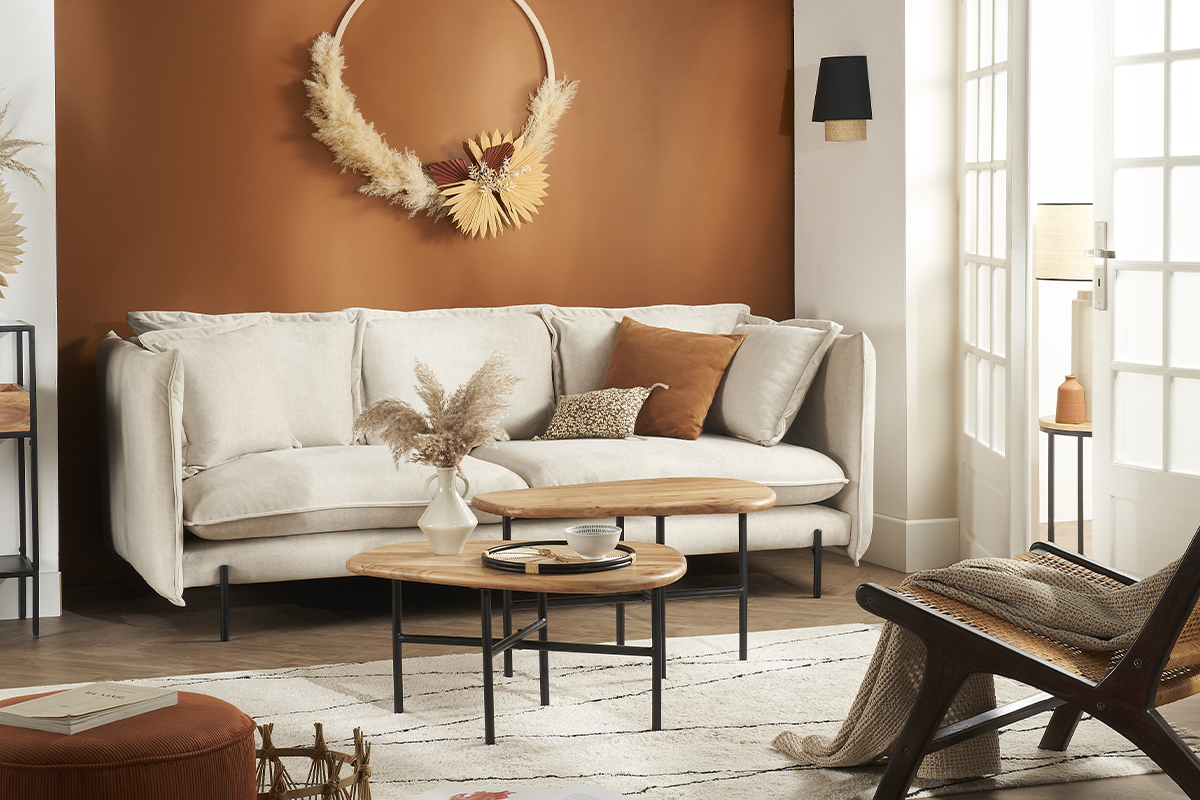 Design-Sofa 3/4-Sitzer in beigem Samtstoff und schwarzem Metall ALMAR