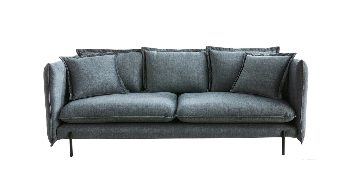 Design-Sofa 3/4-Sitzer in blaugrauem Veloursstoff und schwarzem Metall ALMAR