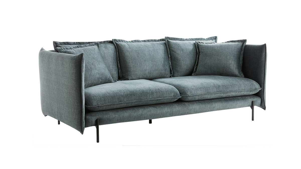 Design-Sofa 3/4-Sitzer in blaugrauem Veloursstoff und schwarzem Metall ALMAR