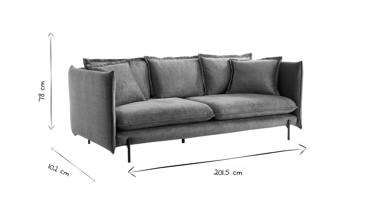 Design-Sofa 3/4-Sitzer in blaugrauem Veloursstoff und schwarzem Metall ALMAR