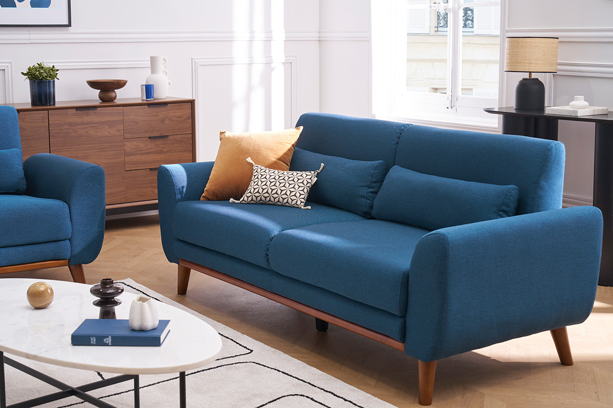 Design-Sofa 3 Pltze Stoff Blau Beine Nussbaum EKTOR