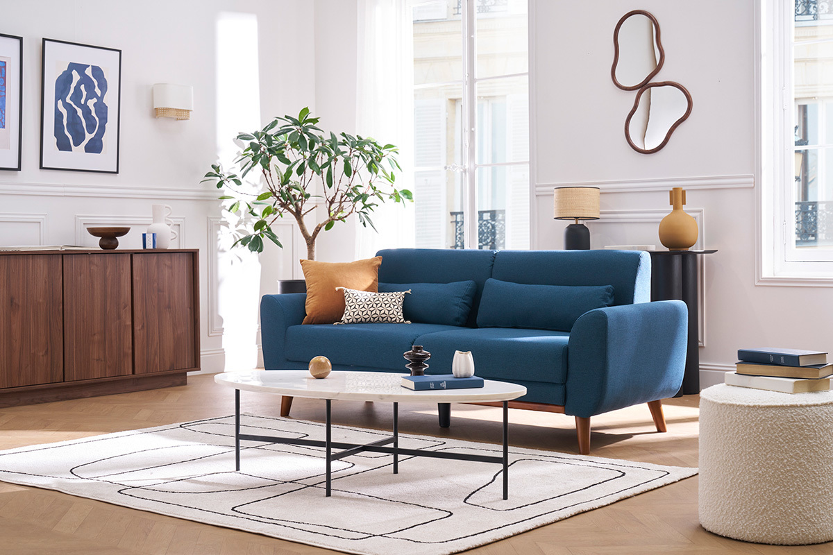 Design-Sofa 3 Pltze Stoff Blau Beine Nussbaum EKTOR