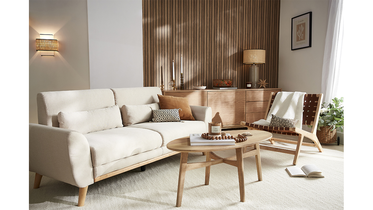 Design-Sofa 3 Pltze Stoff naturfarben Eichenbeine EKTOR