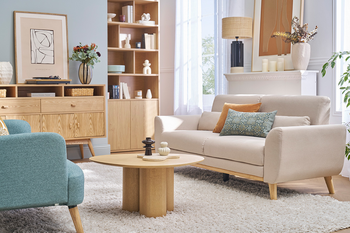 Design-Sofa 3 Pltze Stoff naturfarben Eichenbeine EKTOR