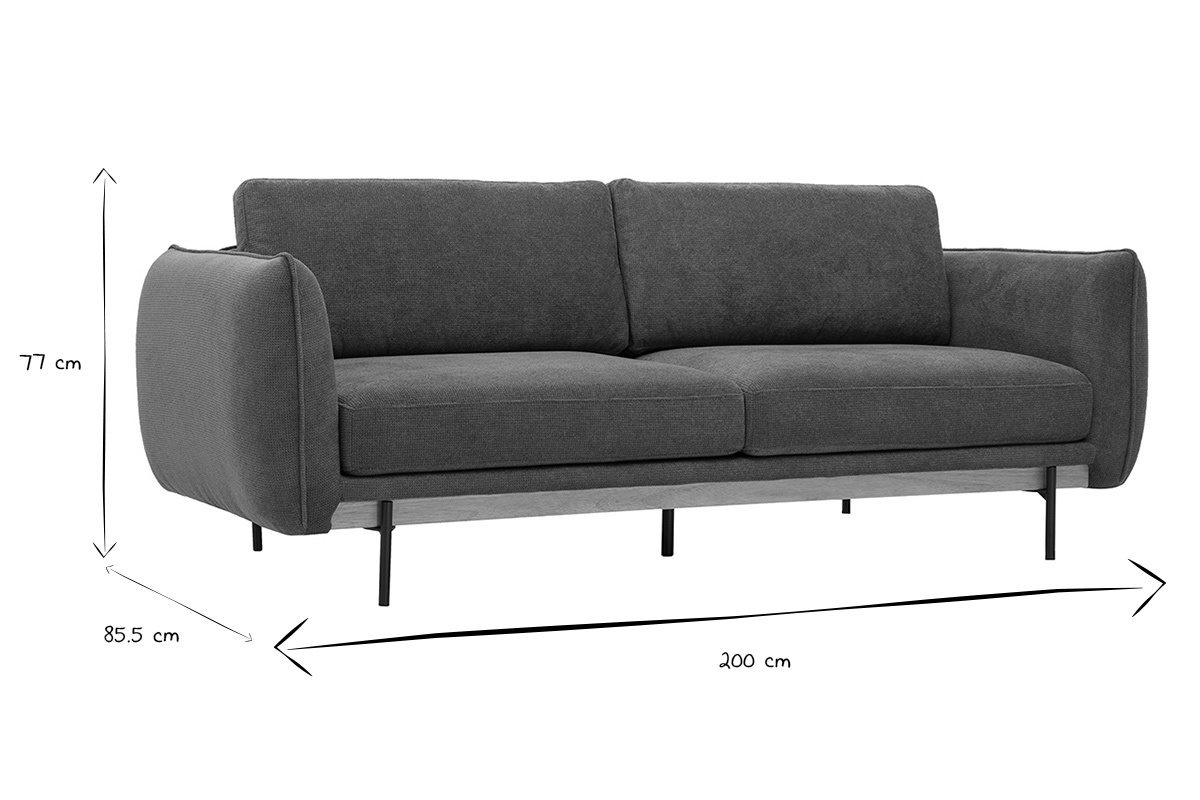 Abmessungen des Design-Sofas TODD 3-Sitzer in Schwarz und Wei�: L200 x T85,5 x H77 cm.