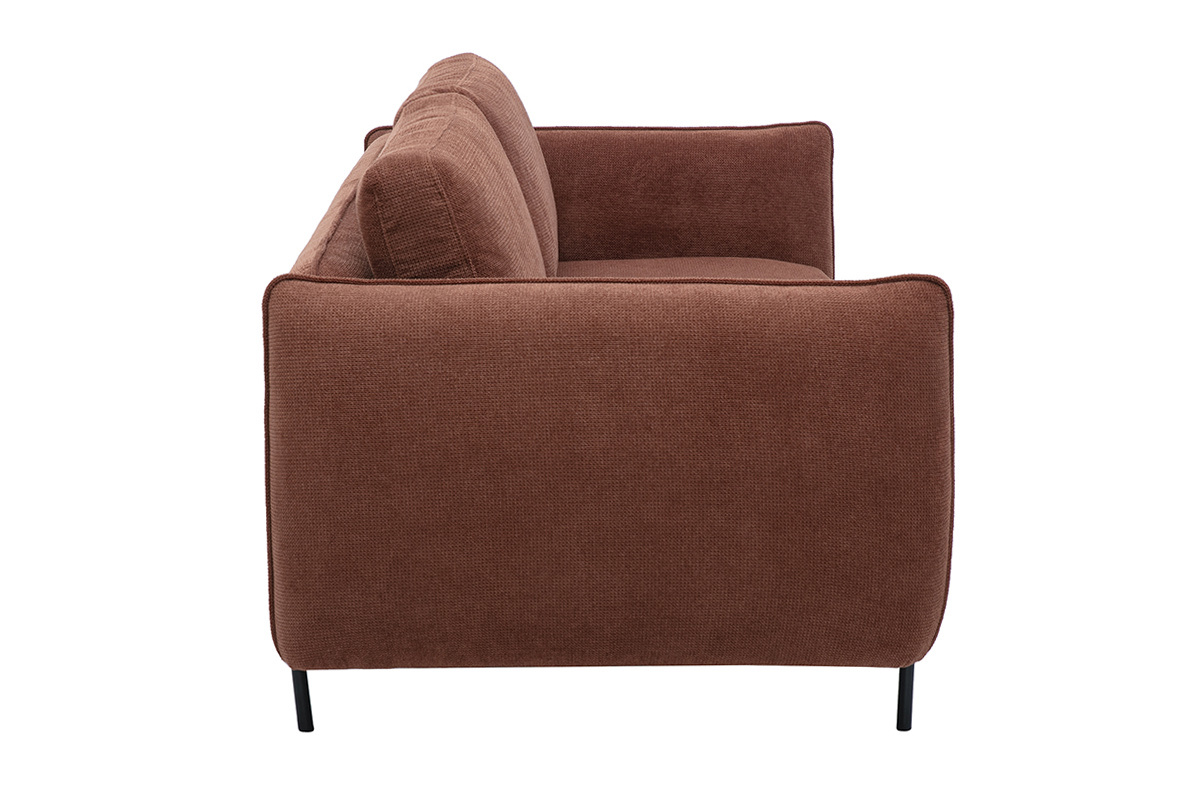 3-Sitzer-Designsofa aus Chenille-Stoff in gebrannter Erde, Seitenansicht mit schwarzen F��en.