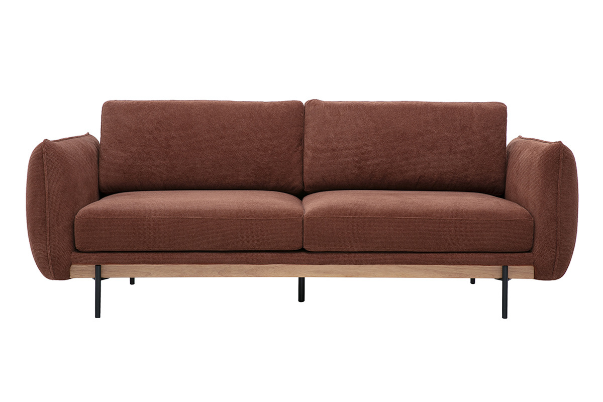 Design-Sofa mit 3 Sitzpl�tzen aus Chenille-Stoff in verbrannter Erde und schwarzem Metall, Vorderansicht.