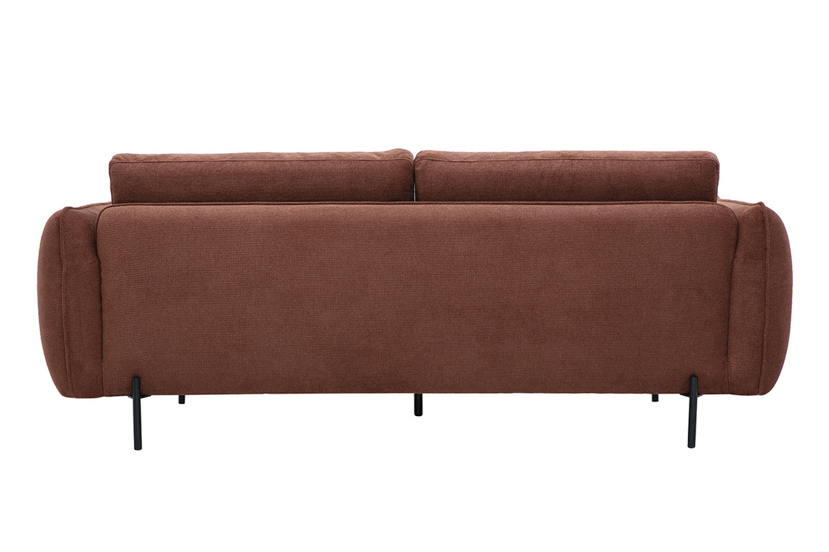 3-Sitzer-Designer-Sofa aus Chenille-Stoff in gebrannter Erde, R�ckansicht, mit schwarzen Metallf��en.