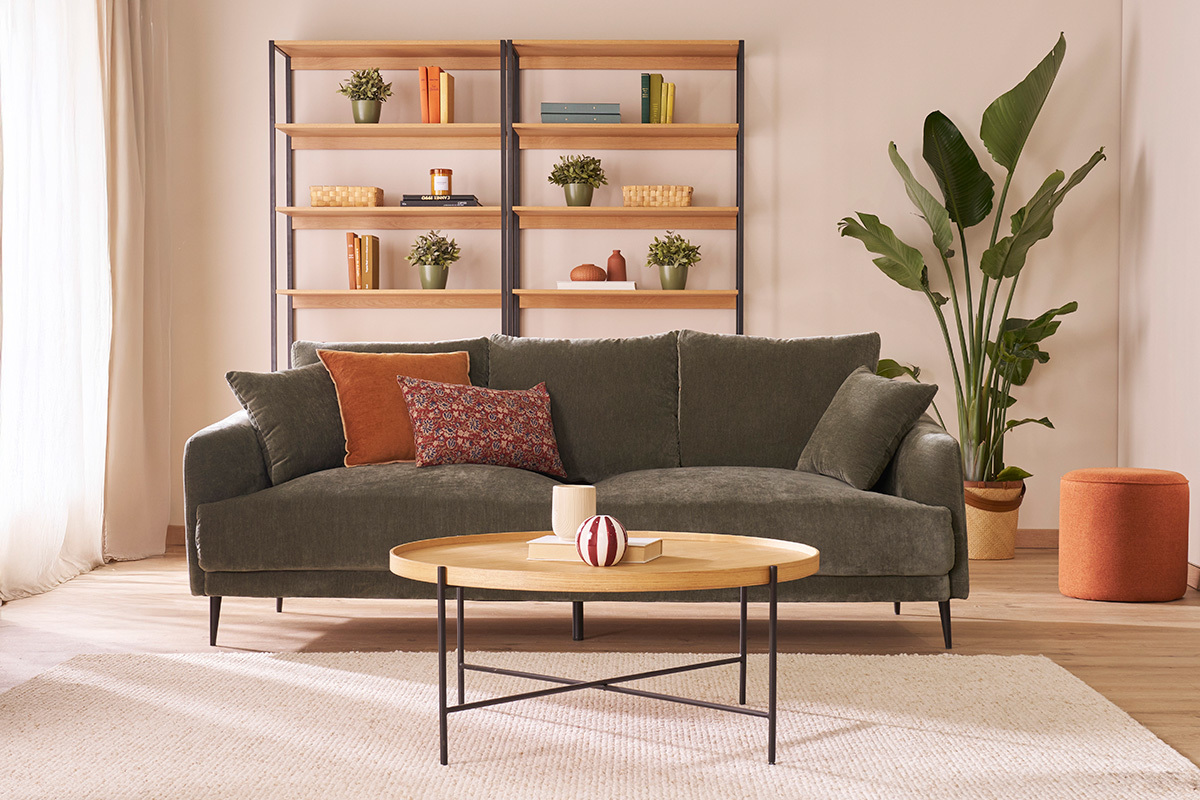 Design-Sofa 3-Sitzer aus currygelbem Effekt-Veloursstoff und schwarzem Metall JERRY
