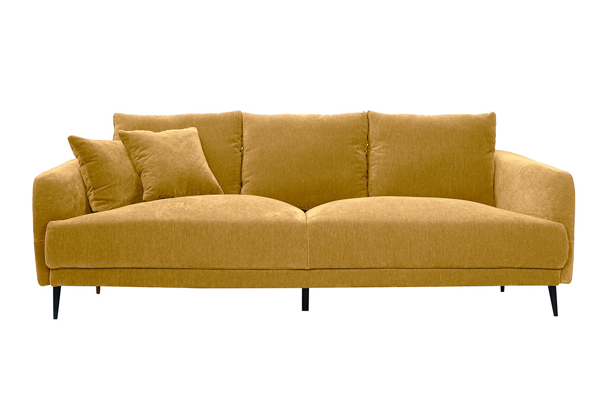 Design-Sofa 3-Sitzer aus currygelbem Effekt-Veloursstoff und schwarzem Metall JERRY