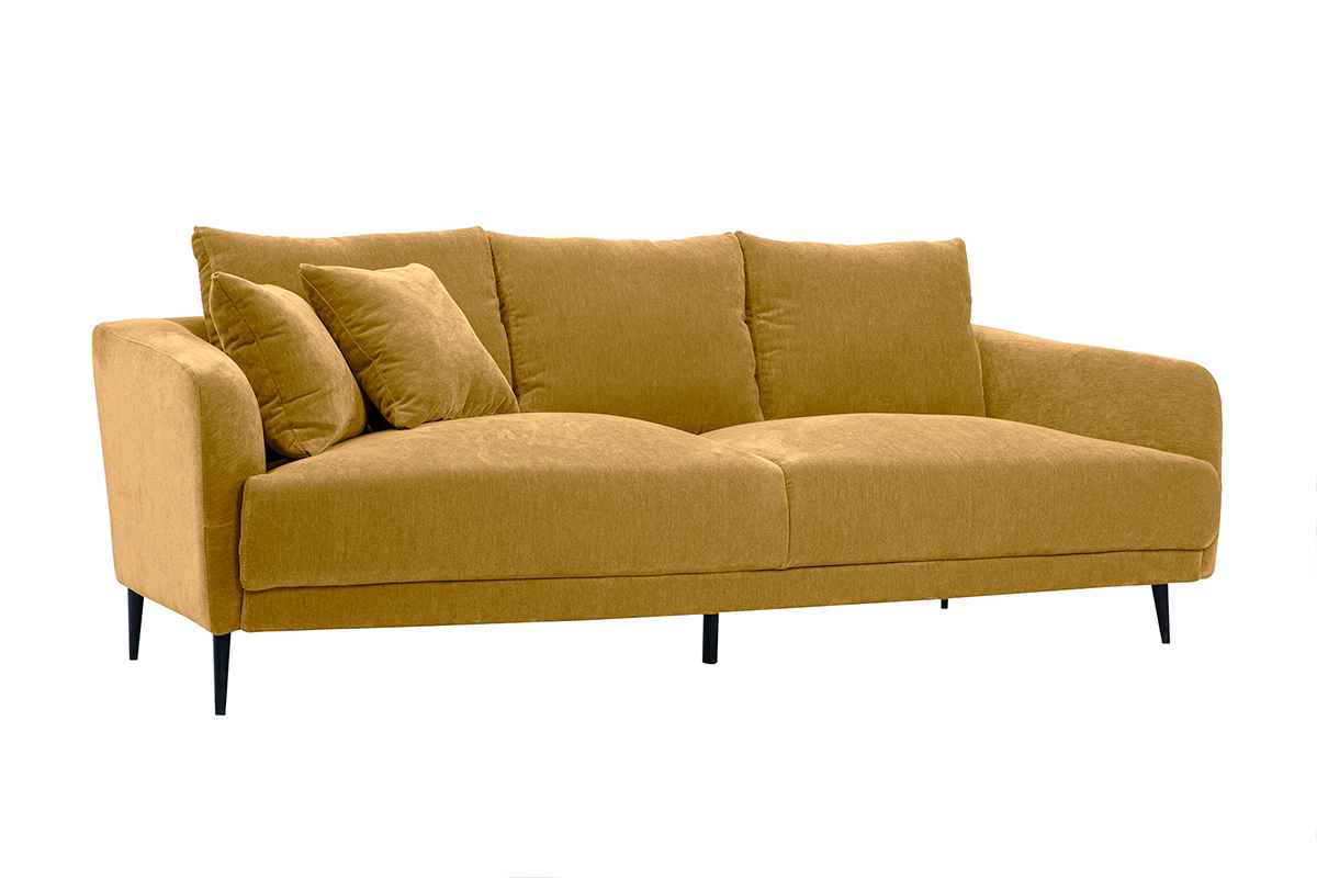 Design-Sofa 3-Sitzer aus currygelbem Effekt-Veloursstoff und schwarzem Metall JERRY