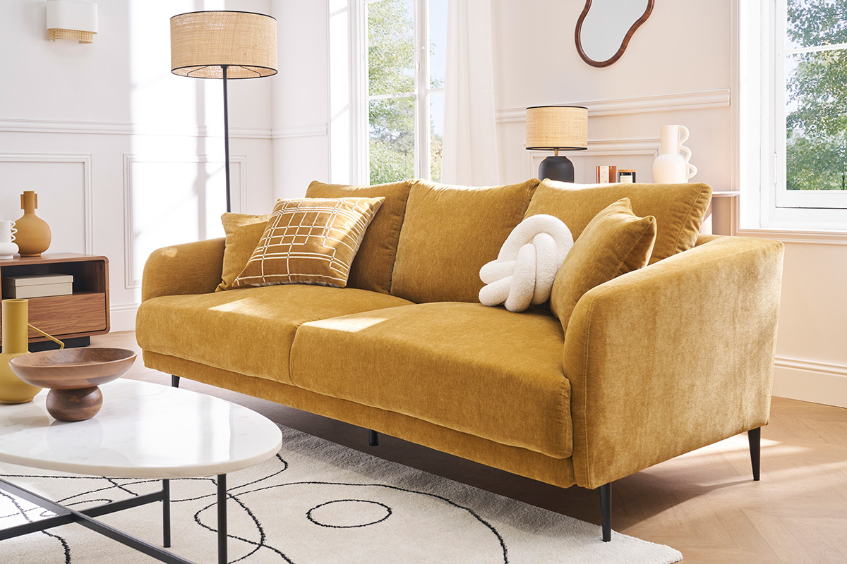 Design-Sofa 3-Sitzer aus currygelbem Effekt-Veloursstoff und schwarzem Metall JERRY