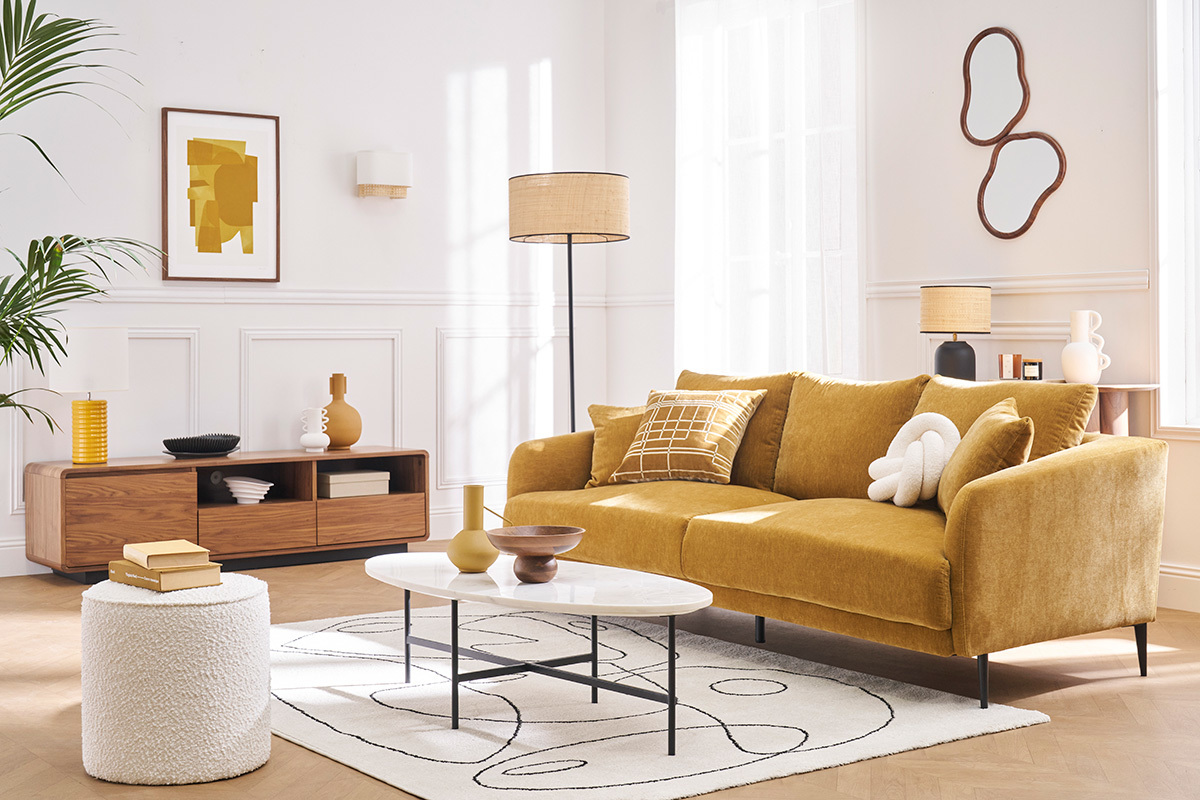 Design-Sofa 3-Sitzer aus currygelbem Effekt-Veloursstoff und schwarzem Metall JERRY