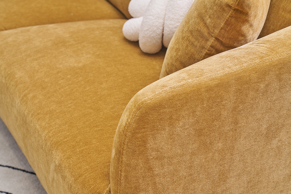 Design-Sofa 3-Sitzer aus currygelbem Effekt-Veloursstoff und schwarzem Metall JERRY