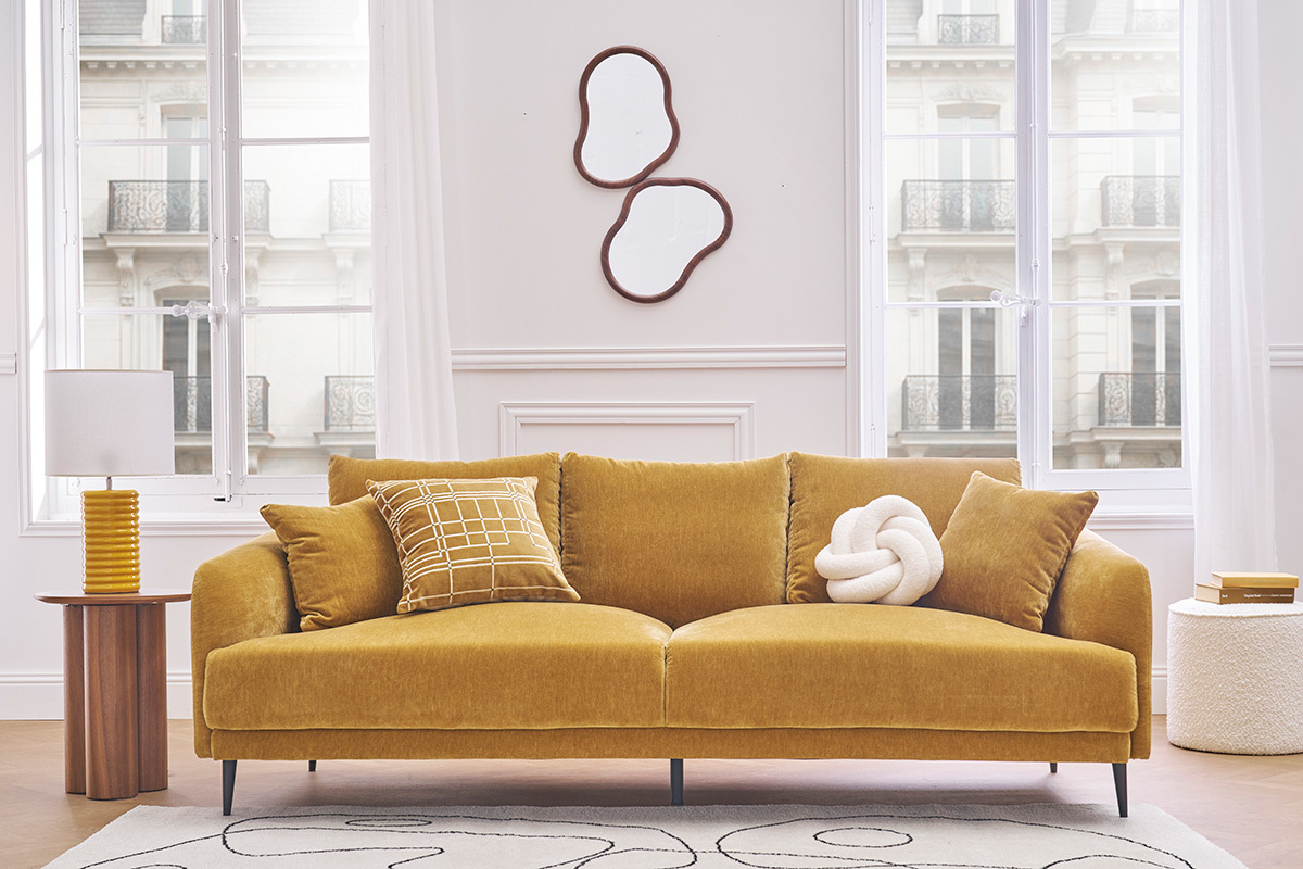 Design-Sofa 3-Sitzer aus currygelbem Effekt-Veloursstoff und schwarzem Metall JERRY