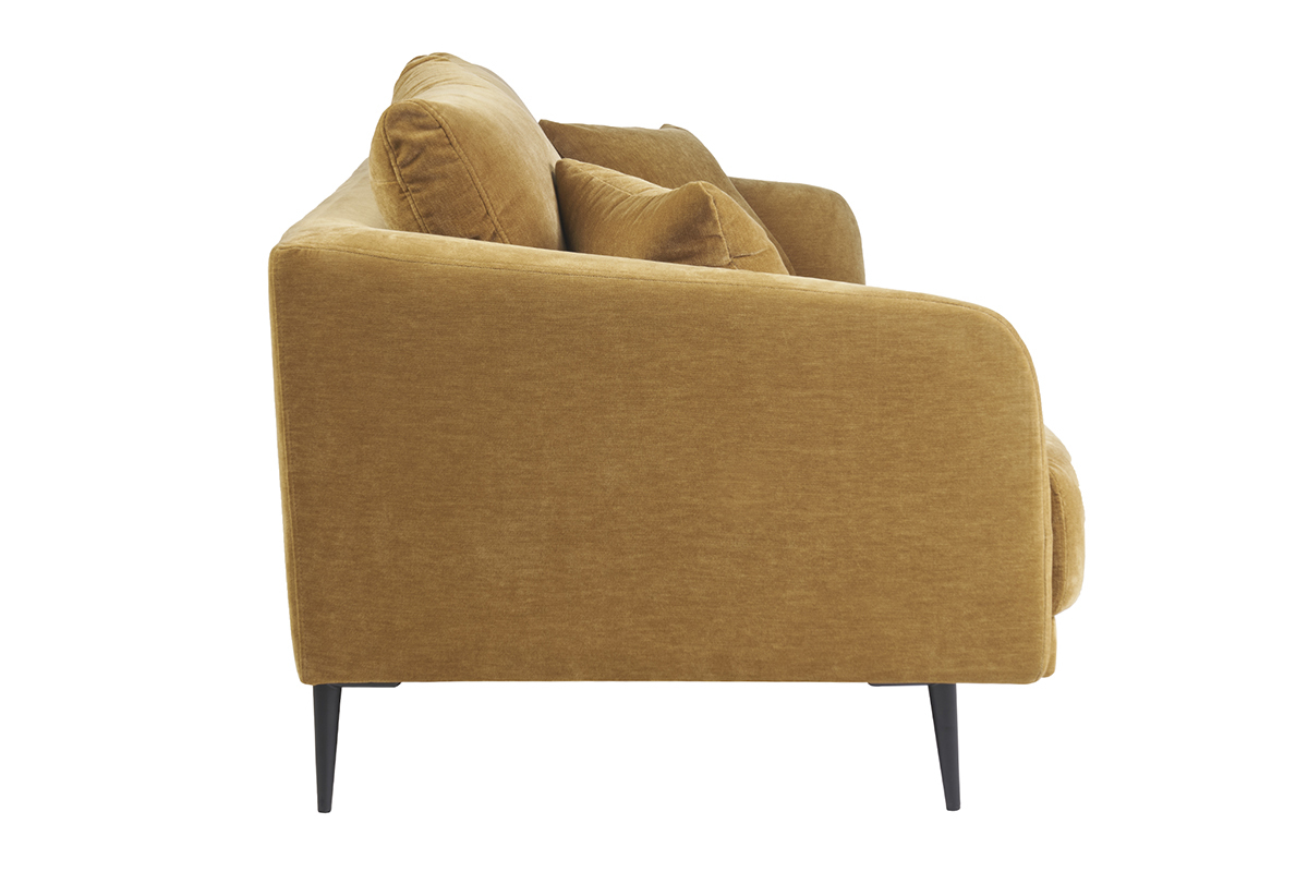 Design-Sofa 3-Sitzer aus currygelbem Effekt-Veloursstoff und schwarzem Metall JERRY