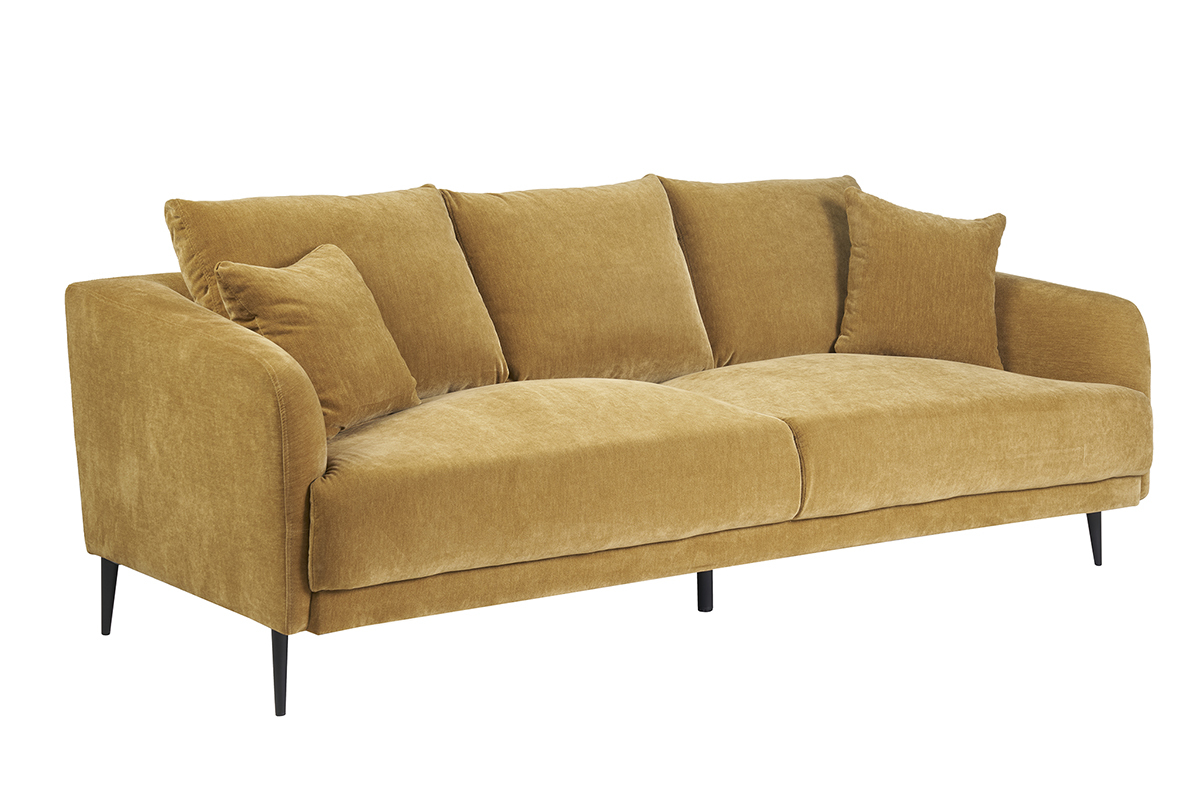 Design-Sofa 3-Sitzer aus currygelbem Effekt-Veloursstoff und schwarzem Metall JERRY