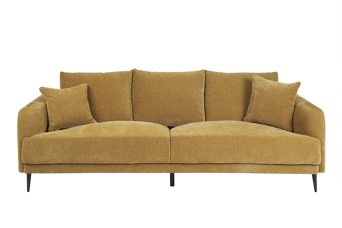 Design-Sofa 3-Sitzer aus currygelbem Effekt-Veloursstoff und schwarzem Metall JERRY