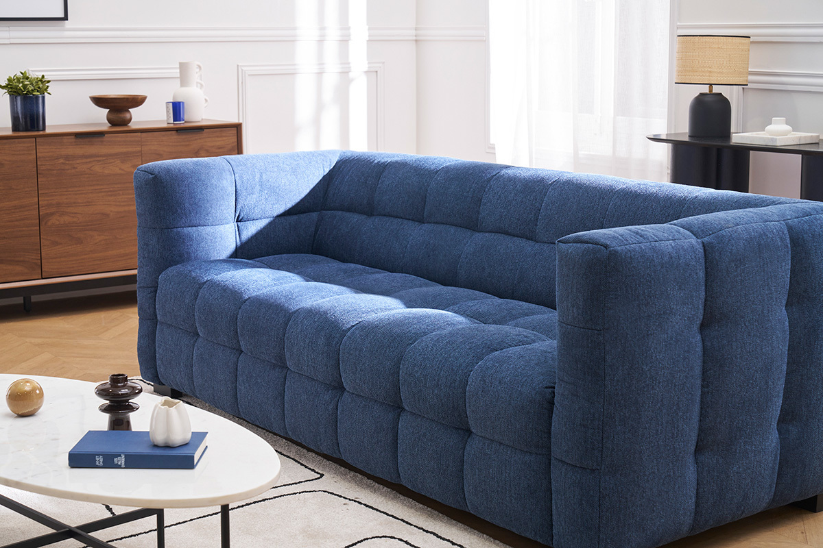 Design-Sofa 3-Sitzer aus dunkelblauem strukturiertem Samteffektstoff CORTO