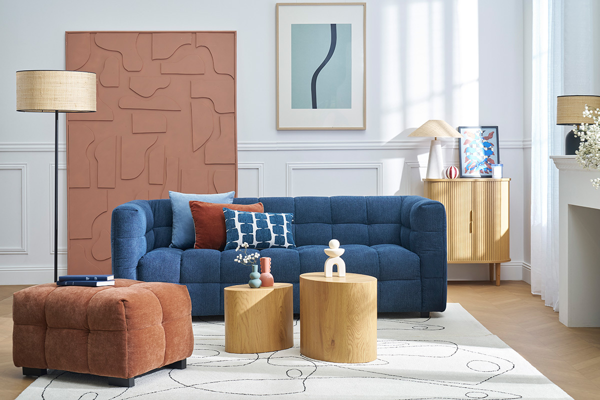 Design-Sofa 3-Sitzer aus dunkelblauem strukturiertem Samteffektstoff CORTO