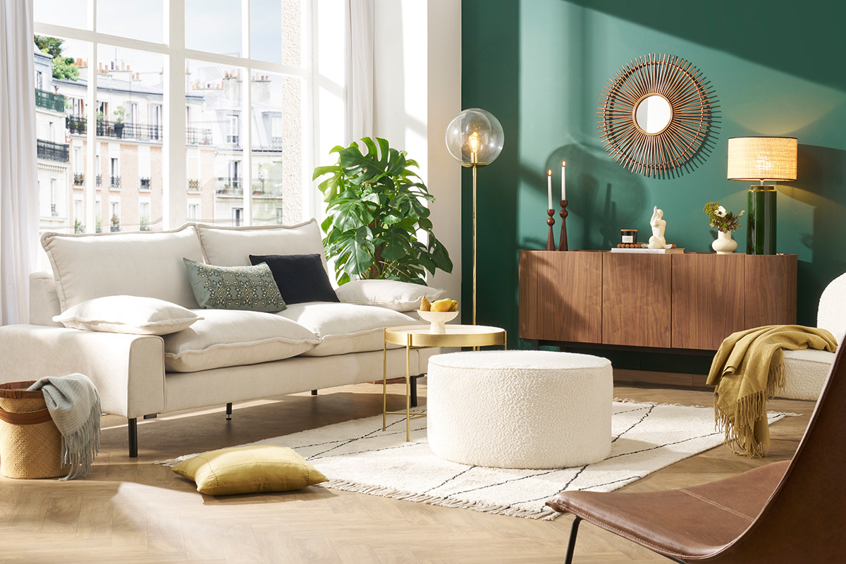 Design-Sofa 3-Sitzer in dunkelgrnem Samtstoff und schwarzem Metall DORY