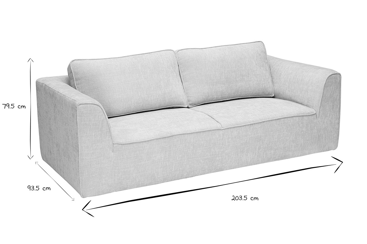 Abmessungen des Designer-Sofas aus Stoff mit Samteffekt in Beige: 203,5 cm breit, 93,5 cm tief, 79,5 cm hoch.