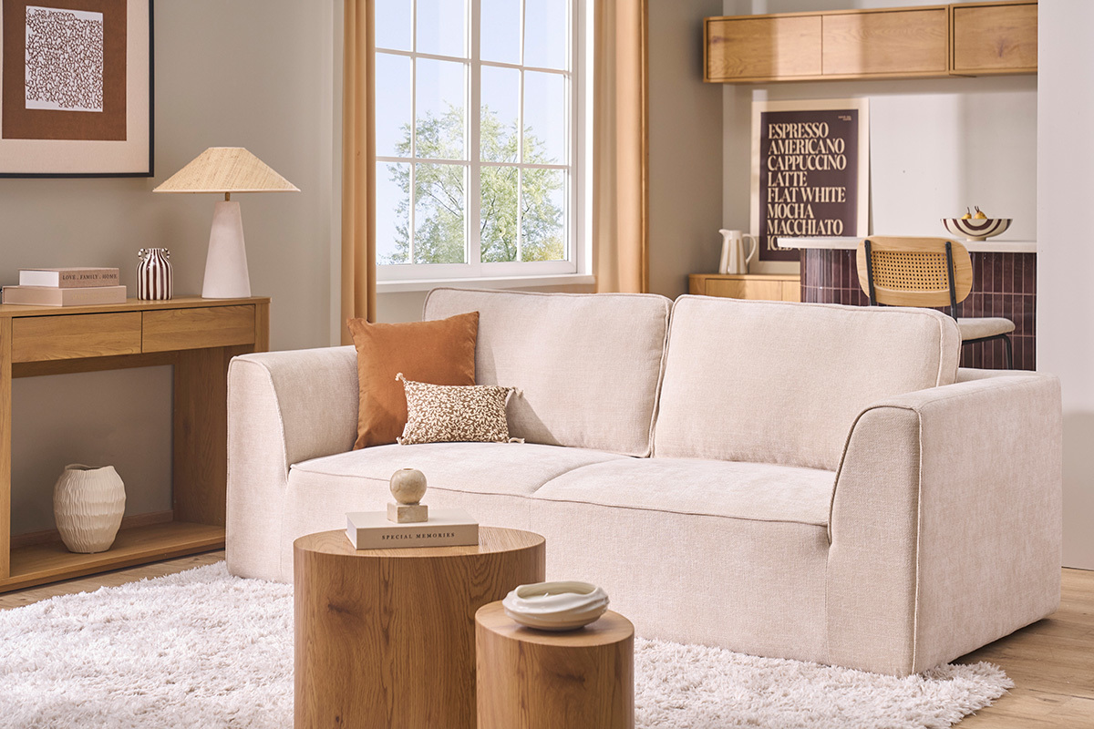 Design-Sofa aus beige strukturiertem Samtoptik-Stoff, 3-Sitzer GRAMMY