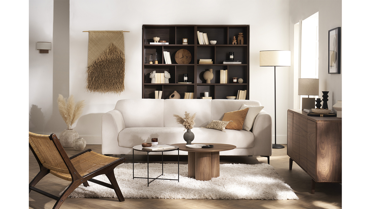 Design-Sofa aus beigem Stoff mit schwarzem Metall 4-Sitzer ALOWISS