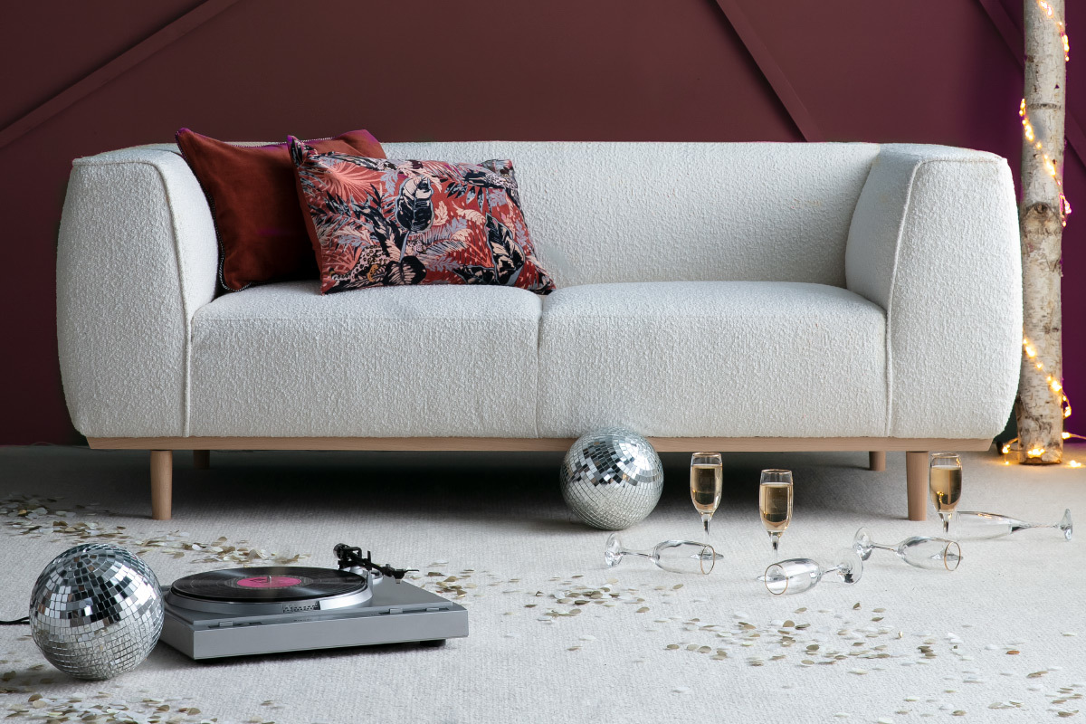 Design-Sofa aus ecrufarbenem Boucl-Stoff 2/3-Sitzer MORRIS
