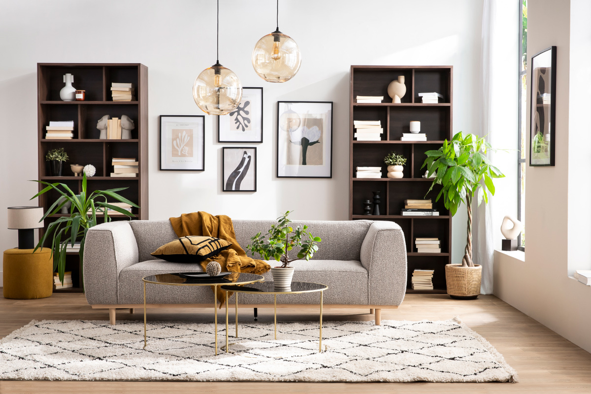 Design-Sofa aus ecrufarbenem Boucl-Stoff 3/4-Sitzer MORRIS