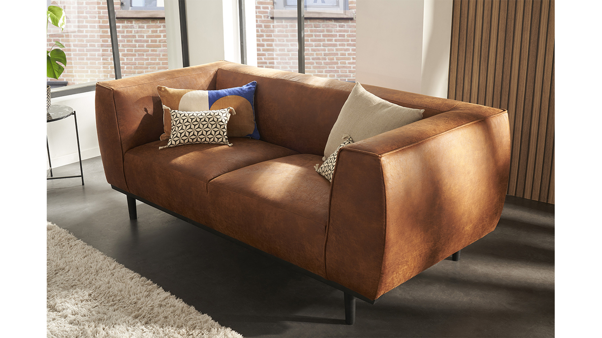 Design-Sofa aus Leder in Antikoptik Cognacbraun 2/3-Sitzer MORRIS