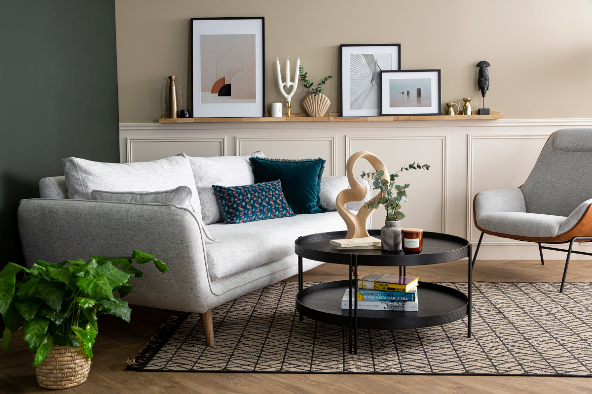 Design-Sofa hellgrau mit schwarzen Metallfen 3-Sitzer CREEP