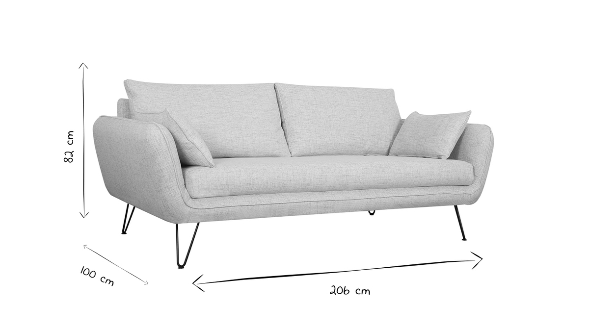 Design-Sofa hellgrau mit schwarzen Metallfen 3-Sitzer CREEP