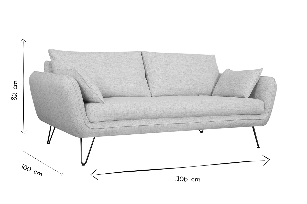 Design-Sofa hellgrau mit schwarzen Metallfen 3-Sitzer CREEP