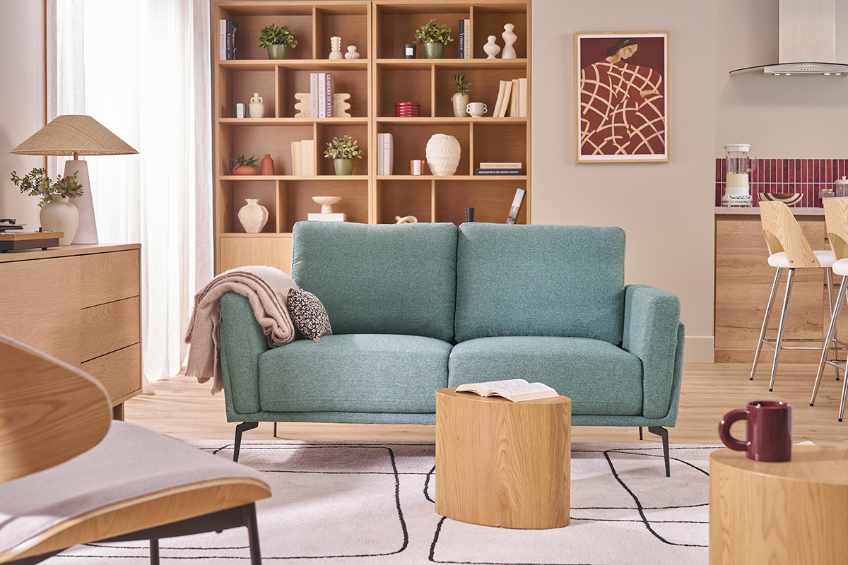 Design-Sofa im gr�ngrauem Samtdesign mit schwarzem Metallfu� 2-Sitzer MOSCO