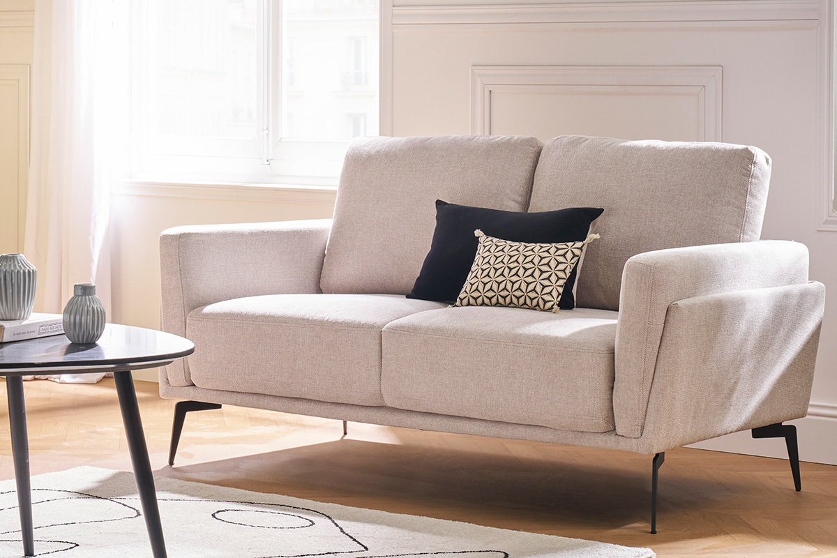 Design-Sofa mit 2 Pltzen aus dunkelblauem strukturiertem Samteffektstoff und schwarzem Metall MOSCO