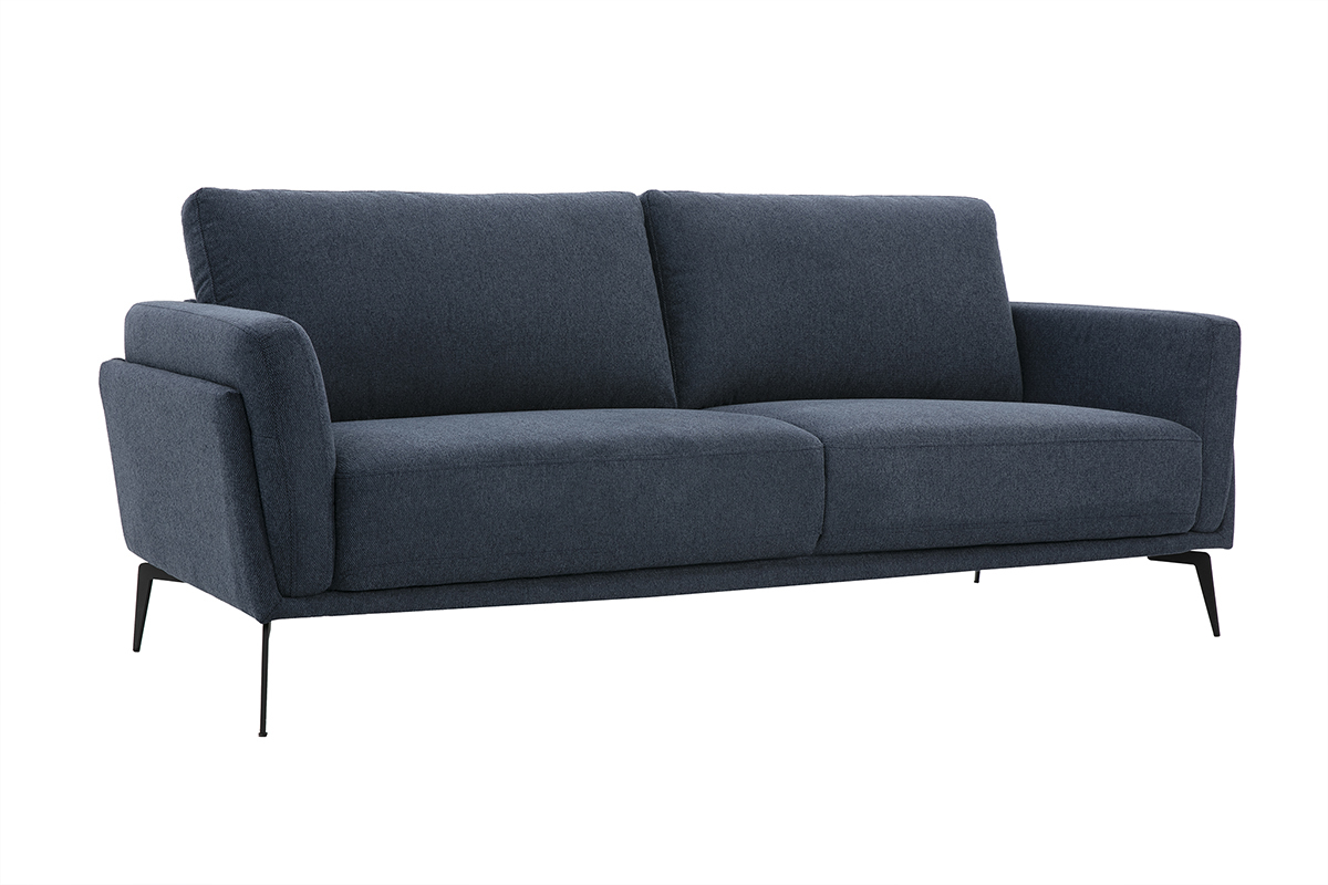 Design-Sofa mit 3 Pltzen aus dunkelblauem samtigem und strukturiertem Stoff und schwarzem Metall MOSCO