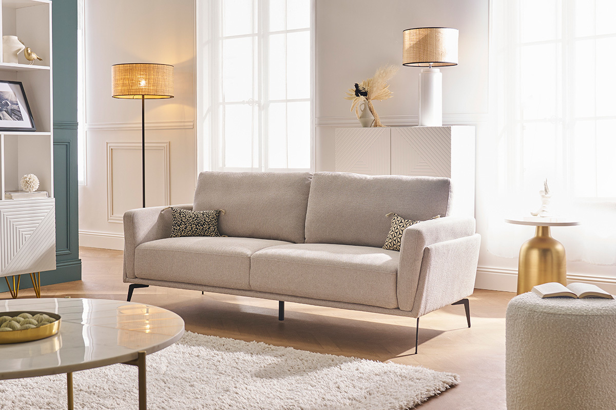 Design-Sofa mit 3 Pltzen aus dunkelblauem samtigem und strukturiertem Stoff und schwarzem Metall MOSCO