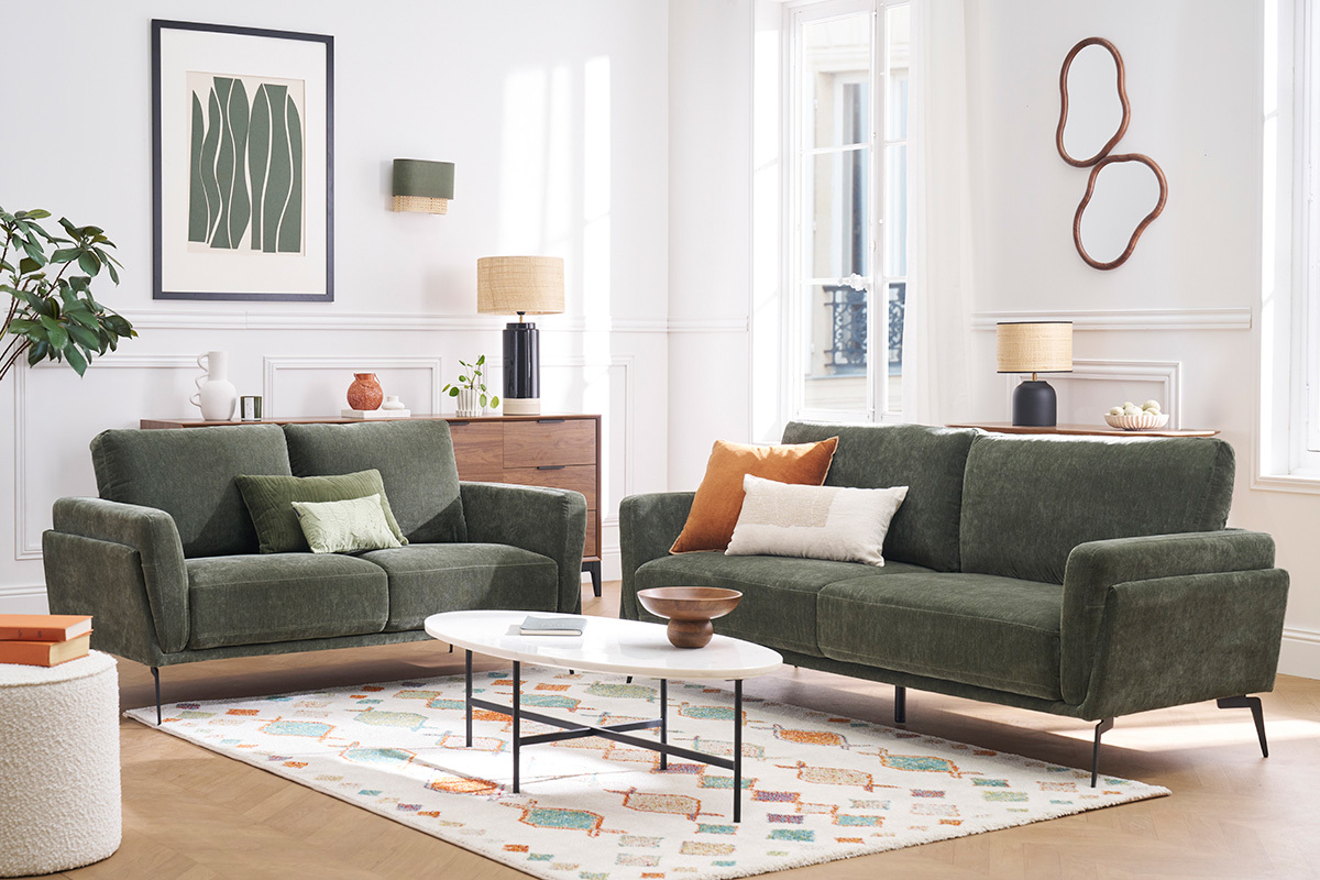 Design-Sofa mit 3 Pltzen aus khakifarbenem Samteffekt-Gewebe und schwarzem Metall MOSCO