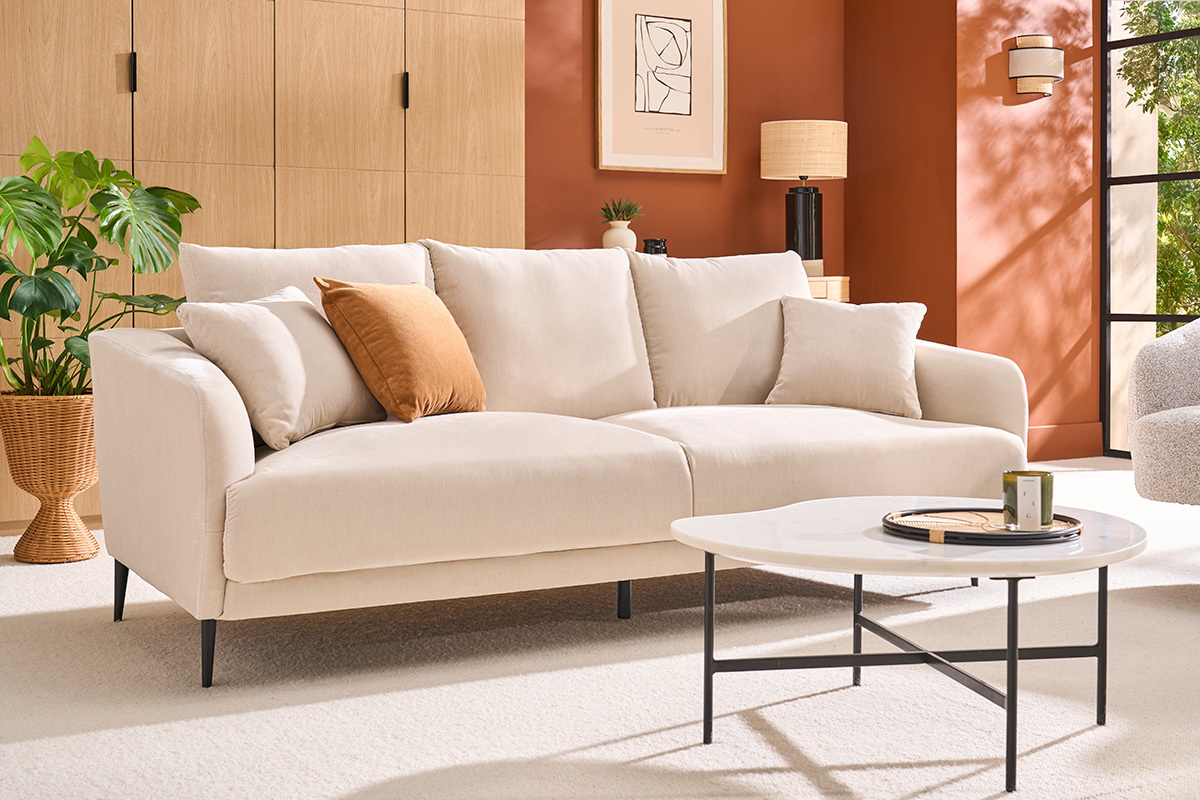 Design-Sofa mit 3 Pltzen in beige-velours-Effektgewebe und schwarzem Metall JERRY