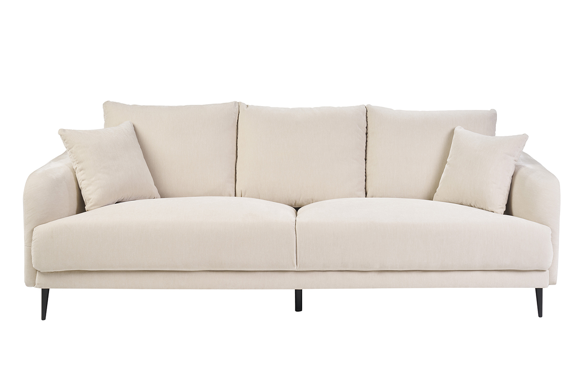 Design-Sofa mit 3 Pltzen in beige-velours-Effektgewebe und schwarzem Metall JERRY