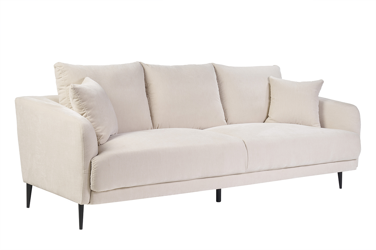 Design-Sofa mit 3 Pltzen in beige-velours-Effektgewebe und schwarzem Metall JERRY
