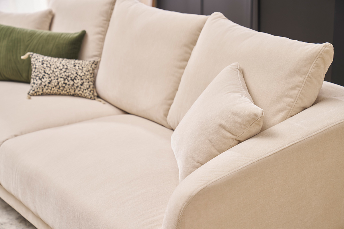 Design-Sofa mit 3 Pltzen in beige-velours-Effektgewebe und schwarzem Metall JERRY