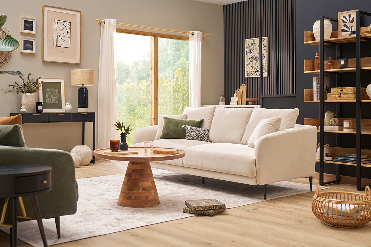 Design-Sofa mit 3 Pltzen in beige-velours-Effektgewebe und schwarzem Metall JERRY