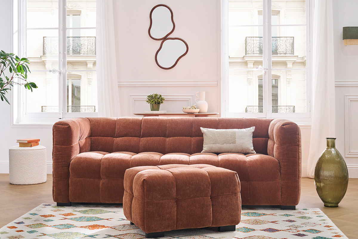 Design-Sofa mit 3 Pltzen und Hocker aus samtigem Rostbraun Veloursstoff CORTO