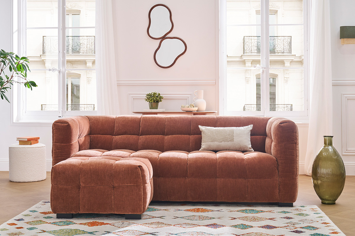 Design-Sofa mit 3 Pltzen und Hocker aus samtigem Rostbraun Veloursstoff CORTO
