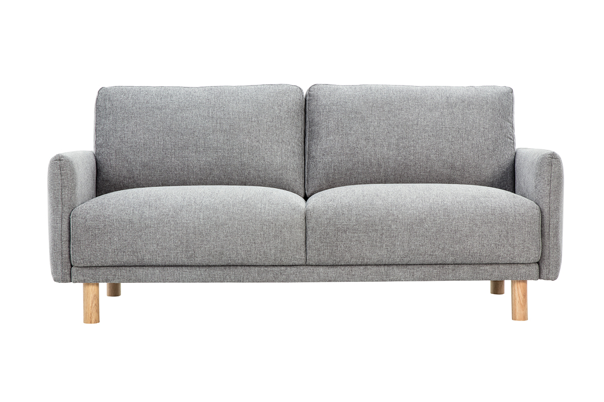 Dreisitzer-Sofa in grauem Samteffekt-Stoff, mit hellen Holzbeinen, Frontansicht.