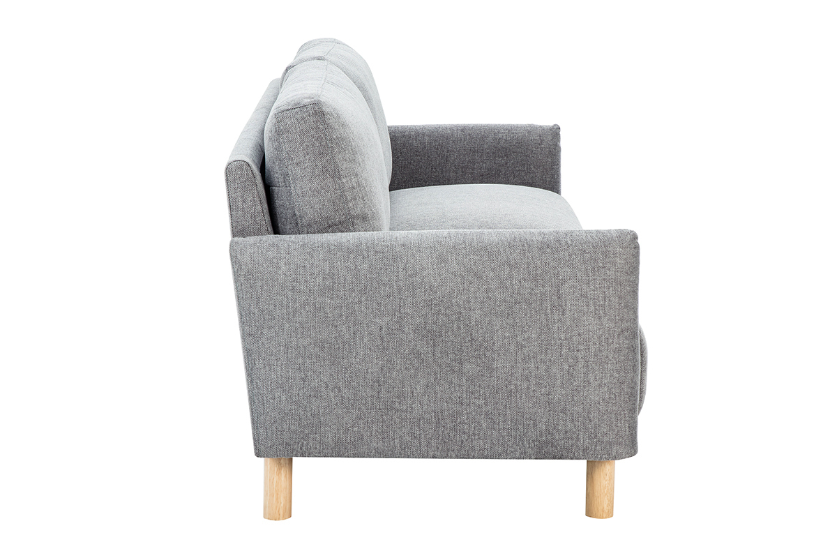 Graues 3-Sitzer-Sofa in Samtoptik, mit hellen Holzf��en, Seitenansicht.