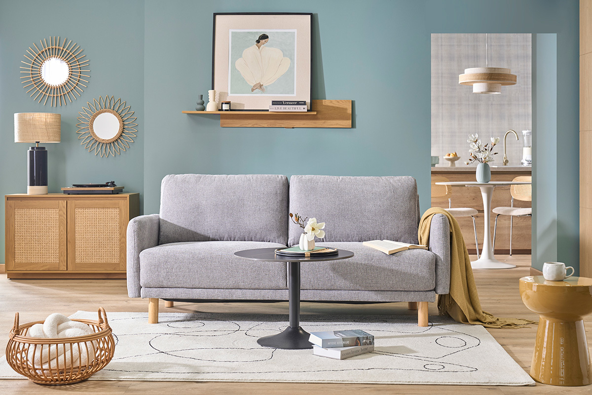 Design-Sofa mit 3 Sitzen aus texturiertem Samtstoff in Grau und hellem Holz BONO